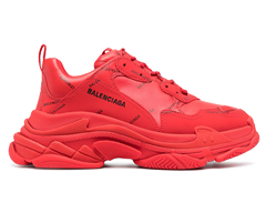 Get the cherry-red Balenciaga Triple S with all-over logo print on sale at the outlet. Perfect for Men!