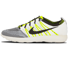 Men's White and Volt Nike Lunar Fly Knit HTM NRG sneakers available at outlet