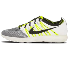 Men's White and Volt Nike Lunar Fly Knit HTM NRG sneakers available at outlet