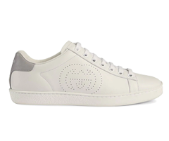 Buy the original Gucci Ace low-top sneakers with the Interlocking G symbol on a white and grey background for women.