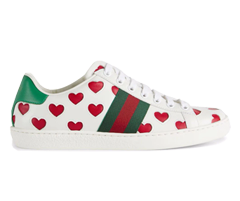 Outlet Gucci Ace for Women - Lace-up Sneakers with Heart Print in White, Green, and Red