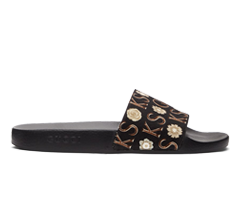 Shop the Gucci New Black & Brown Ken Scott Edition Eco GG Slides for Men, Available Now at Outlet Prices!