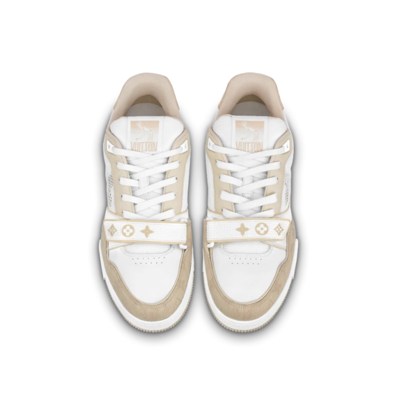 Look as Stylish as Ever with the Men's Louis Vuitton Trainer Sneaker - Beige Monogram Denim.