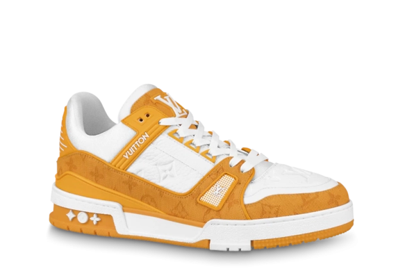 Men's Louis Vuitton Trainer Sneaker - Yellow, Monogram Denim, & Monogram-Embossed Grained Calf Leather OUTLET