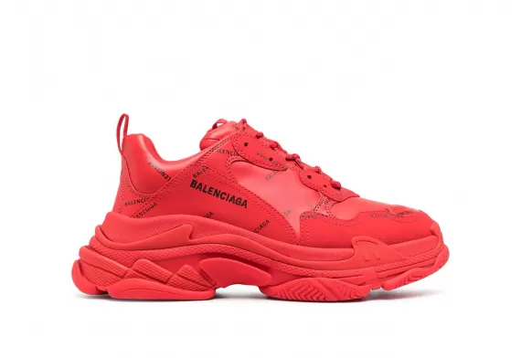 Get the cherry-red Balenciaga Triple S with all-over logo print on sale at the outlet. Perfect for Men!