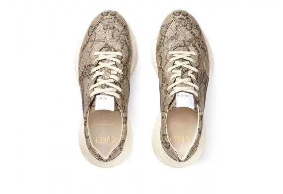 Sale on Men's Beige Monogram Pattern Gucci Rhyton Lace-Up Sneakers - Original!