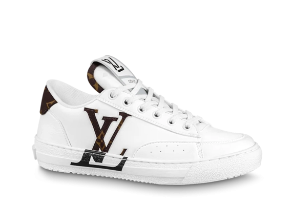 Women's Louis Vuitton Charlie Sneaker Buy Outlet Original: An image of a woman's foot wearing a shiny black, leather Louis Vuitton Charlie Sneaker.