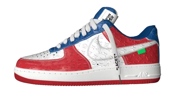 Look stylish in Louis Vuitton X Air Force 1 by Virgil Abloh Low Red / White / Blue - Buy Now at Our Outlet Sale for Men!