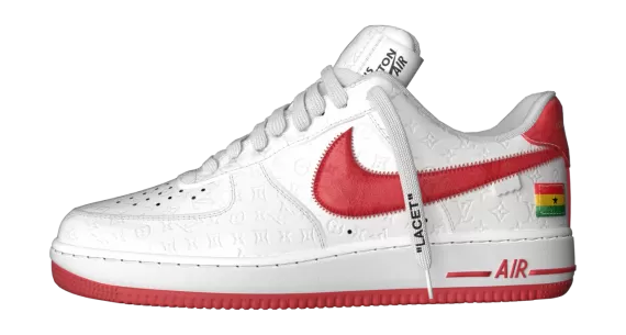 Get the original Louis Vuitton and Nike Air Force 1 White/Red collaboration with Virgil Abloh, now on sale for men!