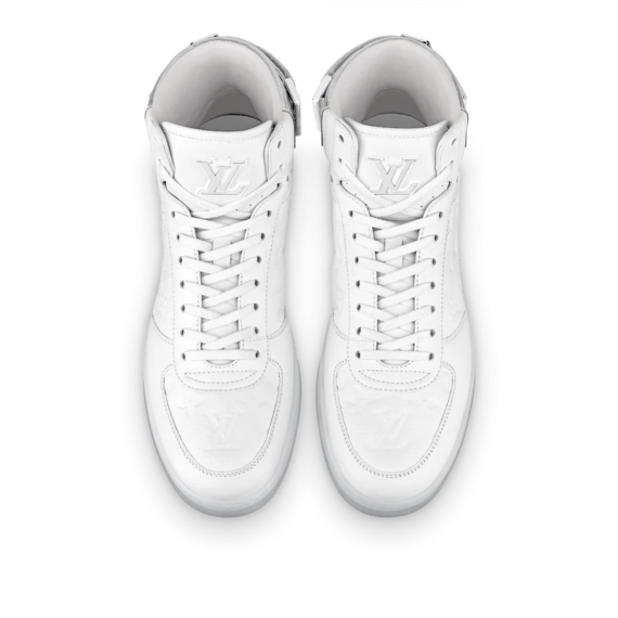 Check out the trendy Louis Vuitton Rivoli Sneaker Boot White for men.