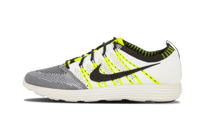 Men's White and Volt Nike Lunar Fly Knit HTM NRG sneakers available at outlet