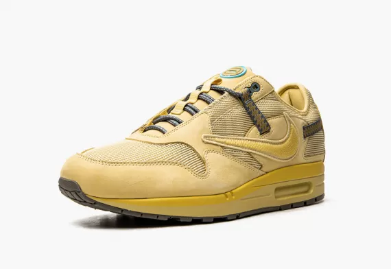 Get the Stylish Nike Air Max 1 - Travis Scott - Saturn Gold for Men.