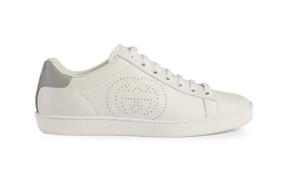 Buy the original Gucci Ace low-top sneakers with the Interlocking G symbol on a white and grey background for women.