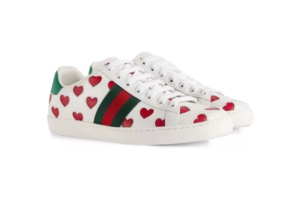 Sale on Women's Gucci Ace - Lace-up Sneakers with Heart Print in White, Green, and Red
