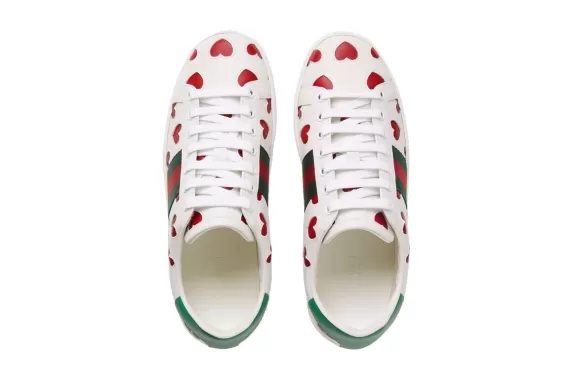 Gucci Ace Lace-up Sneakers for Women - Heart Print in White, Green, and Red now on Sale!