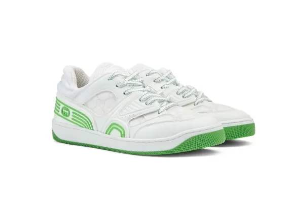 Original Gucci Basket Sneakers in White/Green for Men with Interlocking G Logo.