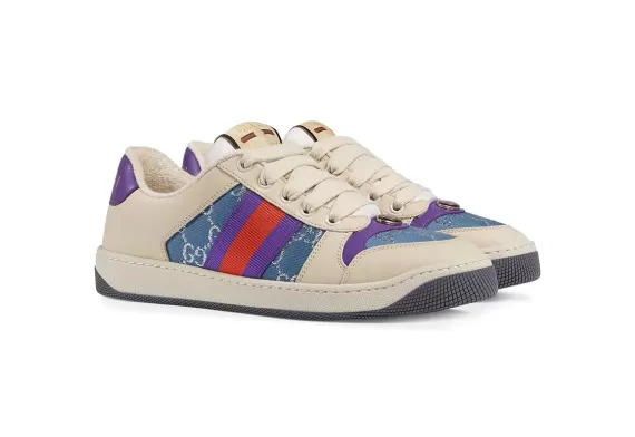 Sale on purple/off-white/blue women's Gucci Screener leather sneakers.