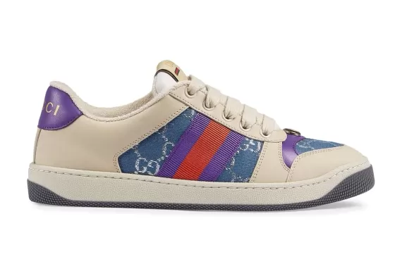 Buy women's original Gucci Screener leather sneakers in Purple/off-white/blue.