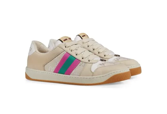 Sale on Original Gucci Screener Leather Sneakers in Pink/Green/Off-White