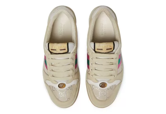 Women's Gucci Screener Leather Sneakers in Subtle Pink/Green/Off-White