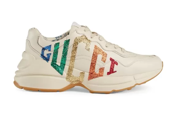 Buy women's Rainbow Glitter Gucci leather sneaker from original Gucci Rhyton outlet.