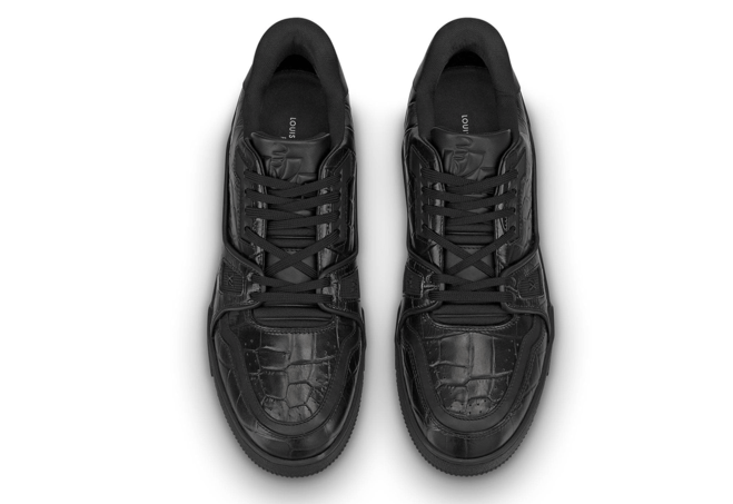 Get your hands on the new and original Louis Vuitton Trainer Sneaker: Alligator Embossed Calf Leather Black - perfect for men.