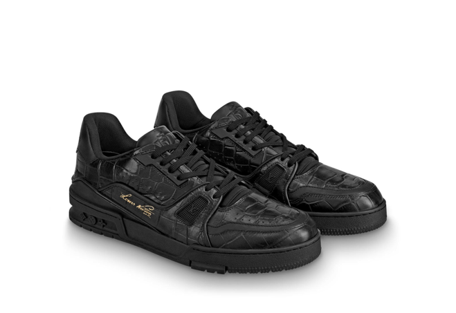 Step up your style game with the original Louis Vuitton Trainer Sneaker: Alligator Embossed Calf Leather Black - perfect for men.