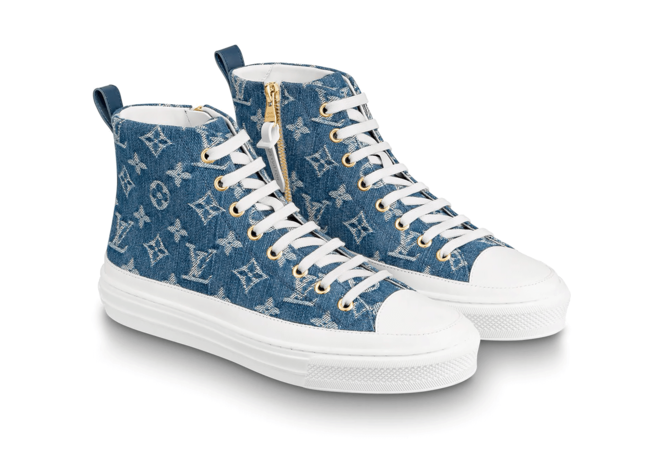 Get Men's New Louis Vuitton Stellar Sneaker Boot Monogram Denim Bleu Jeans Blue