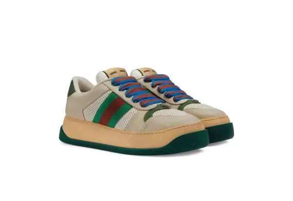 Gucci Screener Low-Top Leather Sneakers - Cream White/Dark Green/Dark Red