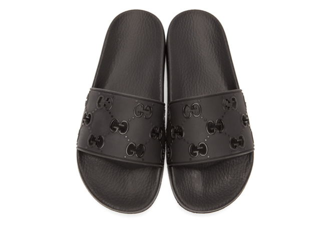 Women's Luxury Gucci Black Rubber GG Slides On Sale Now