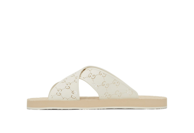 New Men's Gucci White & Pink GG Slide Sandals.